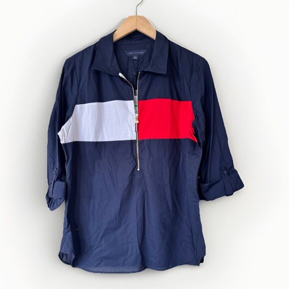 Tommy Hilfiger Shirt Jacket Size Large Color Block Retro Half Zip Womens - Picture 1 of 8